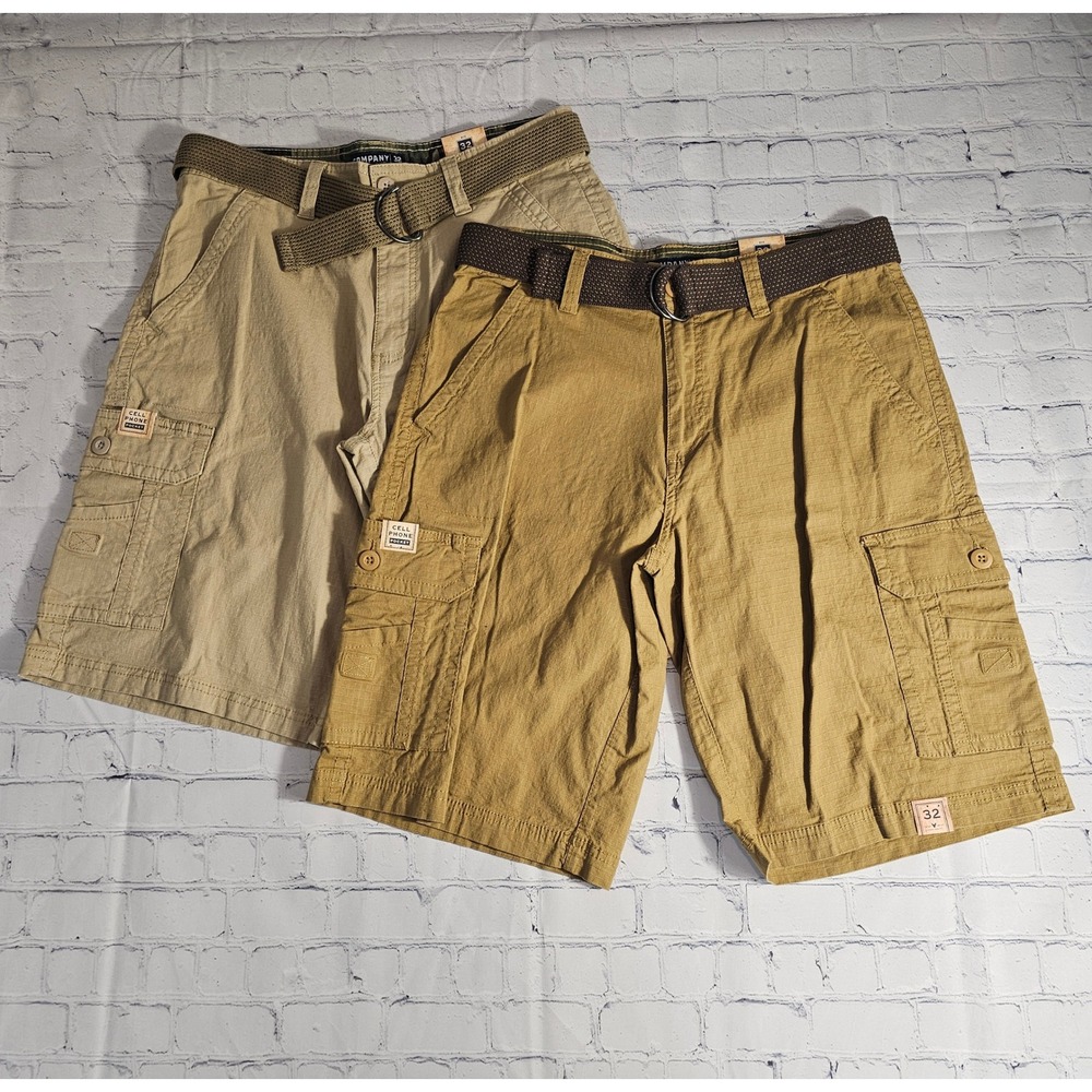 Company Eighty One Mens 32 Cargo Shorts Khaki Beige Stretch Belted (Lot‎ Of 2)